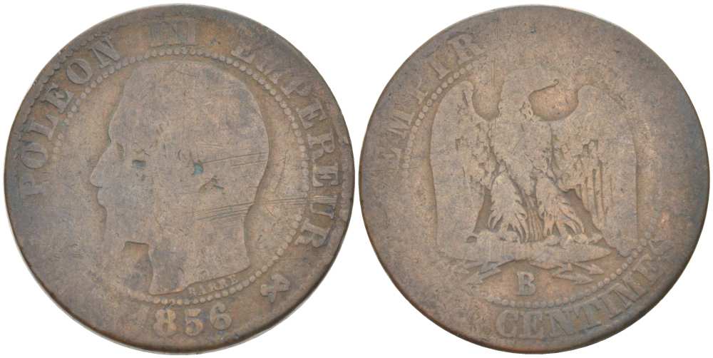 ФРАНЦИЯ 5 САНТИМОВ 1856 B, НАПОЛЕОН III (1852-1870) KM 777.2, LE FRANC 116.31 бронза 217-215