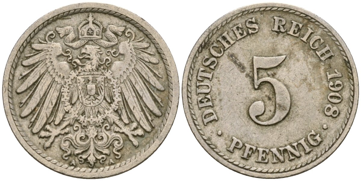 Германия 5 пфеннигов 1908 A KM 11, Jager 12, Weege 6 медно-никель 4588-1217