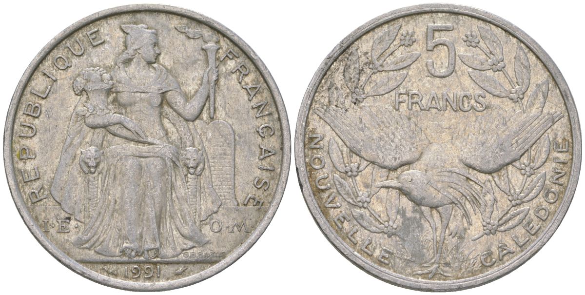 Французская Новая Каледония 5 франков 1991 птица кагу, (IEOM) KM 16, Schoen 12, Lec 79 алюминий 180-1123
