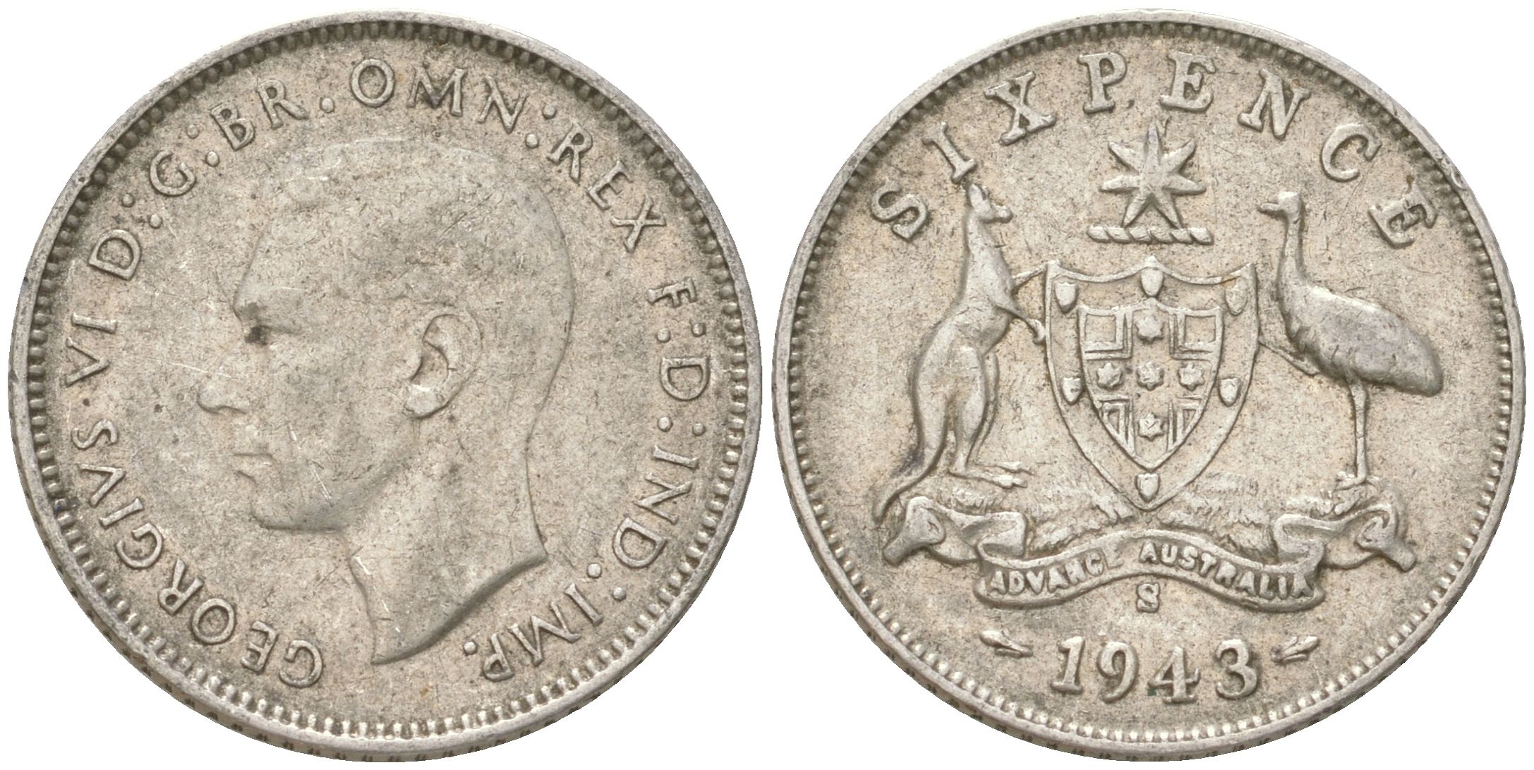 Австралия 6 пенсов 1943 S, Георг V (1936-1952) KM 38 серебро 4623-234