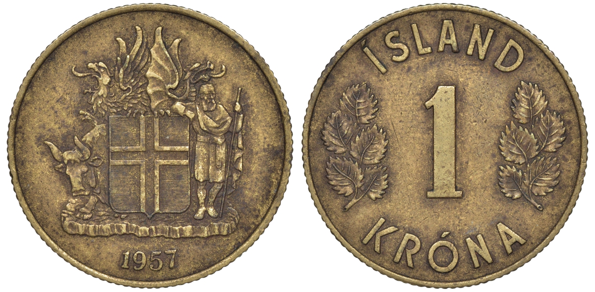 Исландия 1 крона 1957 KM 12a никель латунь 4606-434