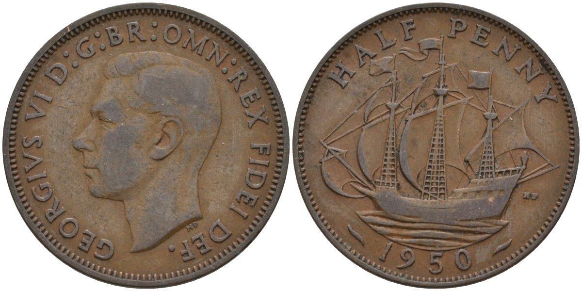 Великобритания 1/2 пенни 1951 Георг VI (1936-1952) KM 868, Spink 4118 бронза 4146-245