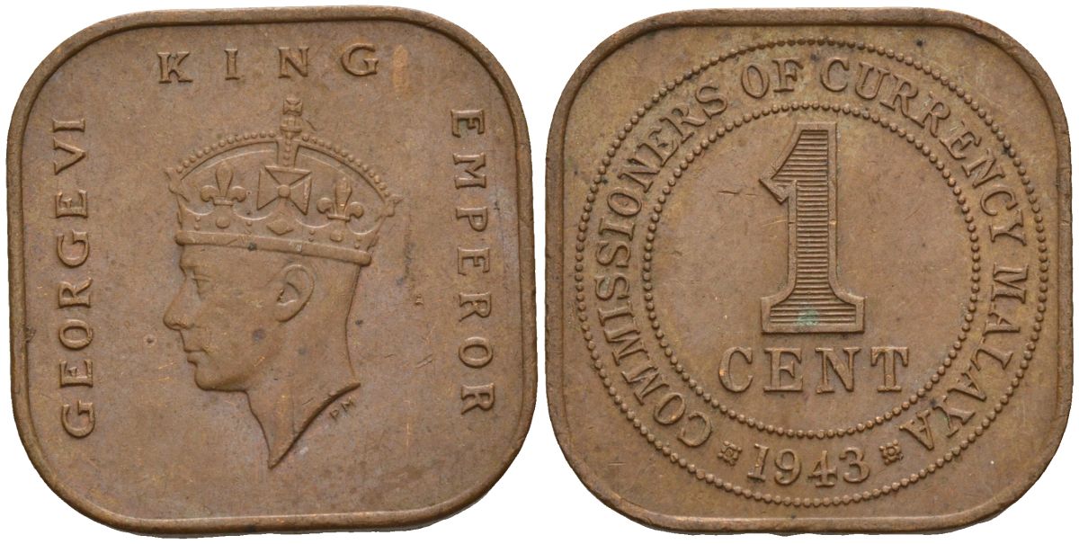 Британская Малайя 1 цент 1943 Георг VI (1937-1952) KM 6 бронза 4153-632