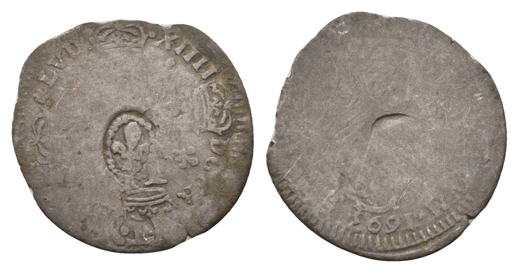Франция дузен (1/12 франка) 1693 перечекан с дузена Людовика XIII, Людовик XIV Dy royales 1581a, Gad R2 93 билон 5010-1142