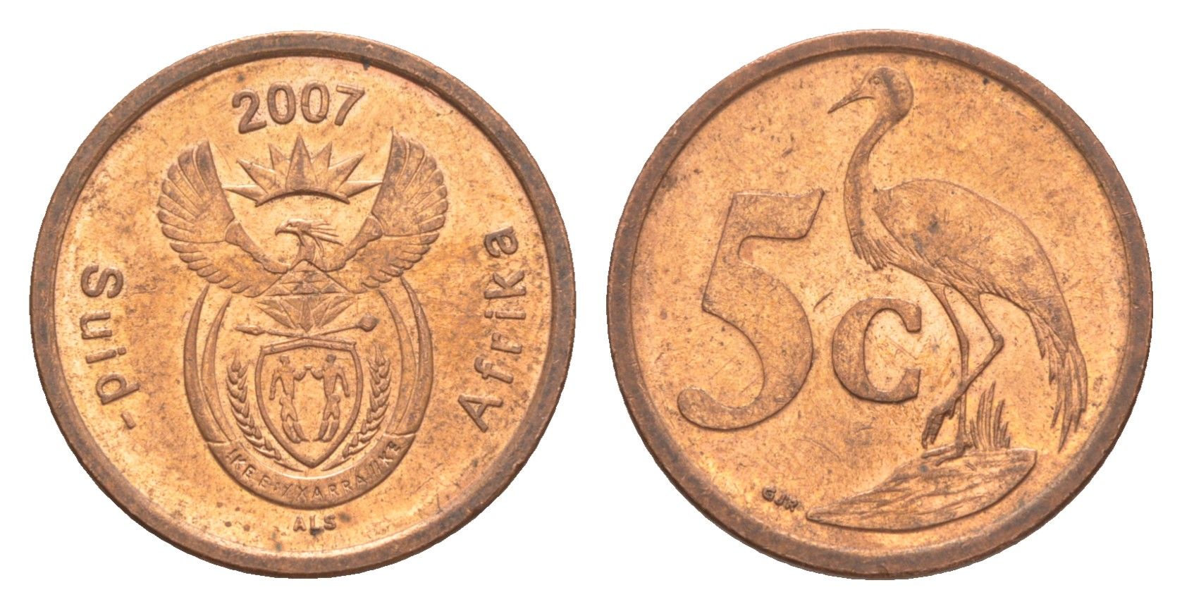 ЮАР 5 центов 2007 герб, райский журавль KM 340 сталь плакированная медью UNC 4621-726