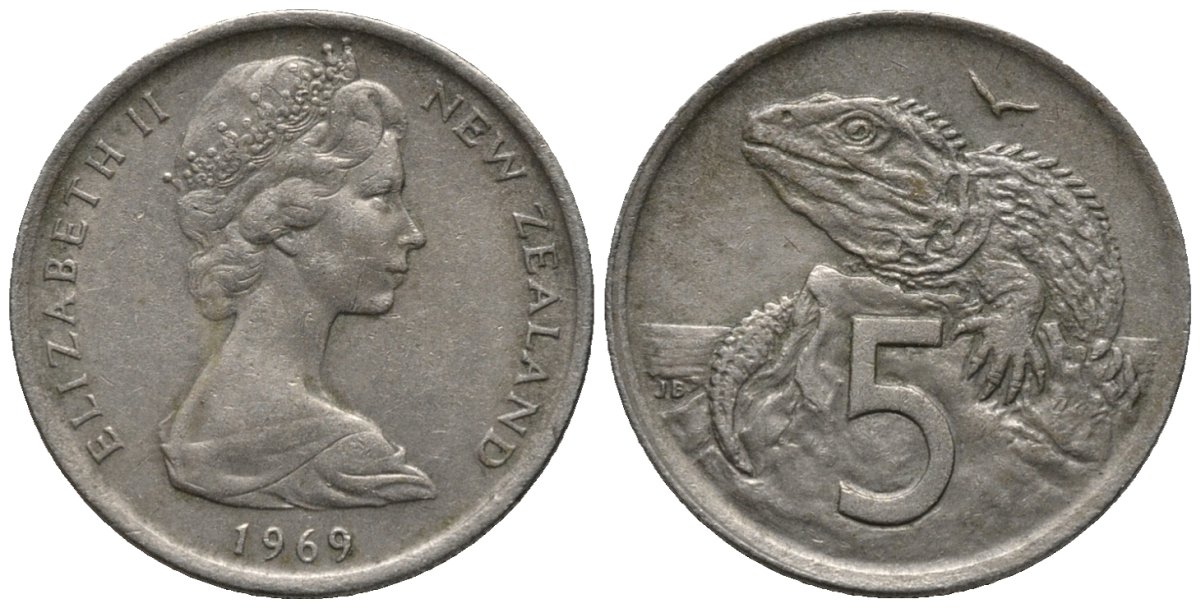 Новая Зеландия 5 центов 1969 Елизавета II (1952-2022), ящерица гаттерия KM 34.1 медно-никель 3458-218