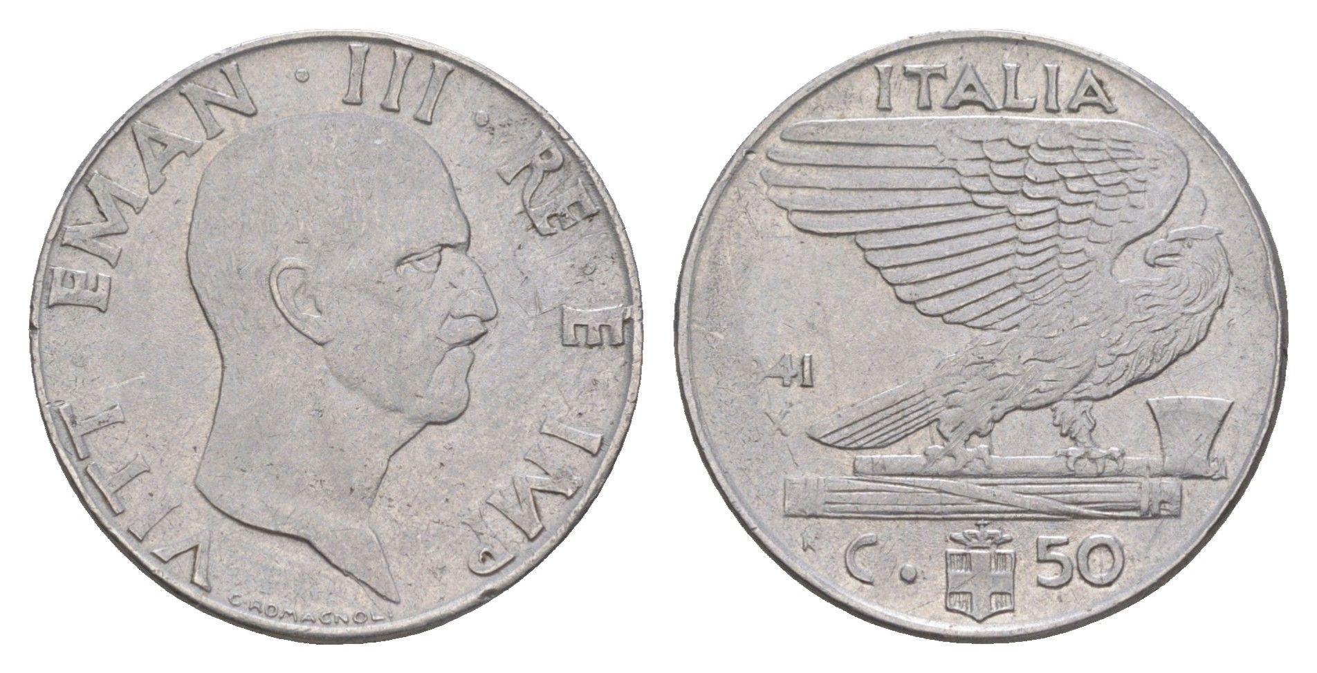 Италия 50 чентезимо 1941 IX год, Виктор Эммануил III (1900-1946) KM 76b нержавеющая сталь 4551-715