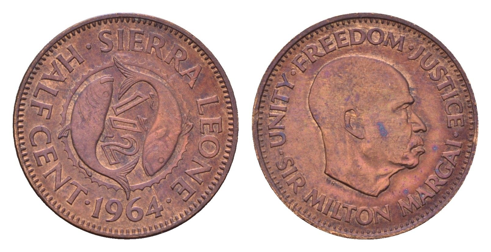 Сьерра-Леоне 1/2 цента 1964 Милтон Маргаи, год-тип KM 16 бронза 4682-569