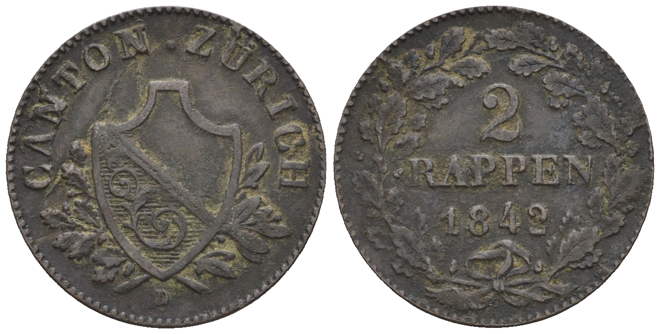 Швейцария, Цюрих 2 раппена 1842 D KM 195, HMZ 1180 серебро 413-6713