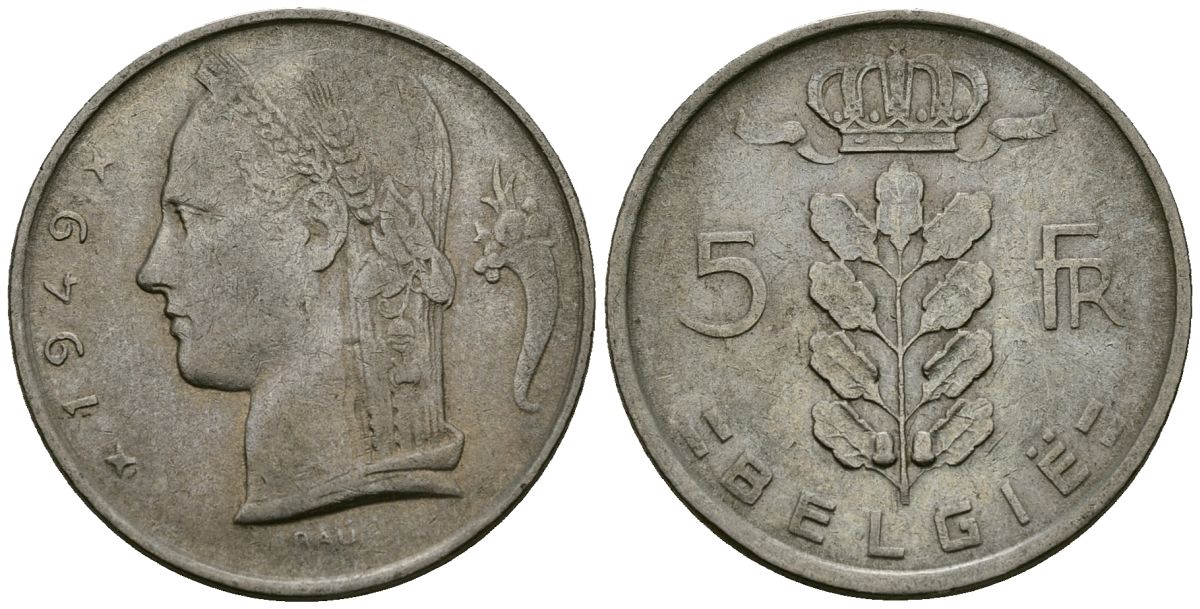 Бельгия 5 франков 1949 BELGIE KM 135 медно-никель 4172-555