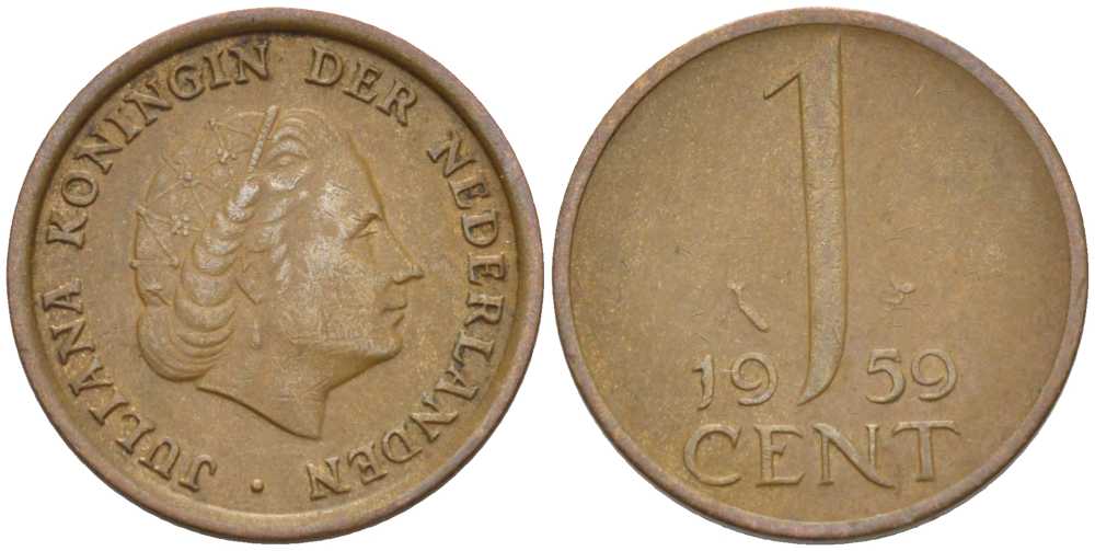 НИДЕРЛАНДЫ 1 ЦЕНТ 1959 ЮЛИАНА KM 180 бронза 66-868