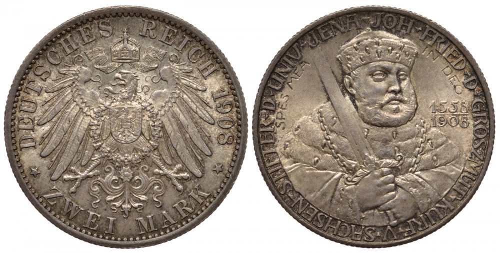 Саксен-Веймар-Эйзенах 2 марки 1908 А, 350 лет университету в Йене Weege 156, J.160, KM 174 серебро UNC 00-000-00