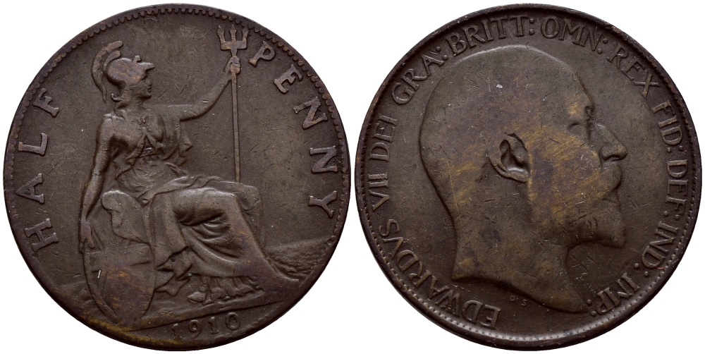 Великобритания 1/2 пенни 1910 Эдуард VII (1901-1910) KM 793.2, Spink 3991 бронза 60-212