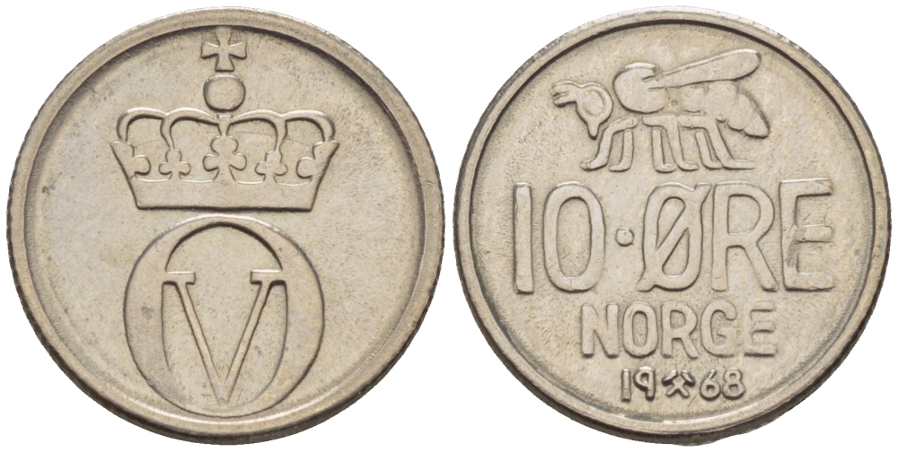 Норвегия 10 эре 1968 пчела, Улаф V (1958-1991) KM 411 медно-никель 66-412