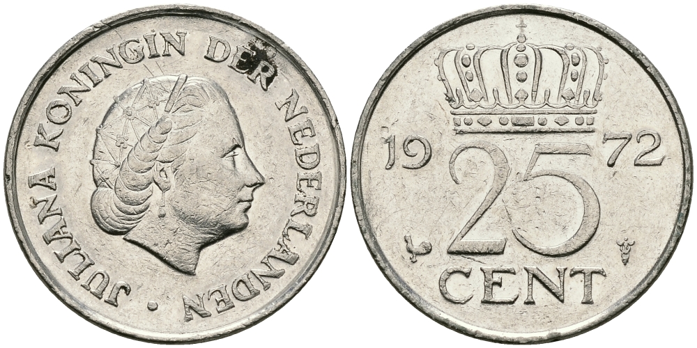 Нидерланды 25 центов 1972 Юлиана (1948-1980) KM 183никель 96-229