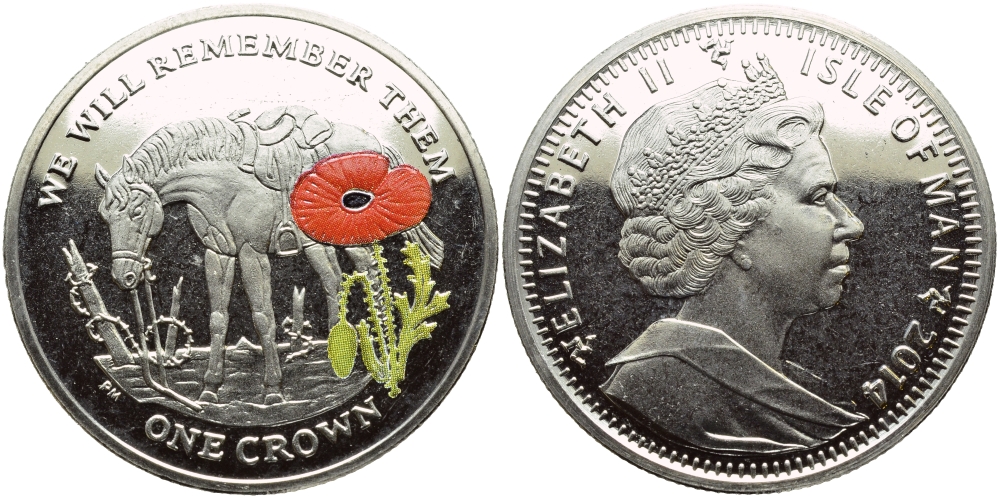 Остров Мэн 1 крона 2014 в память героев первой мировой войны, одинокая лошадь, красный мак KM NEW медно-никель, эмаль  PROOF 1071-4-42