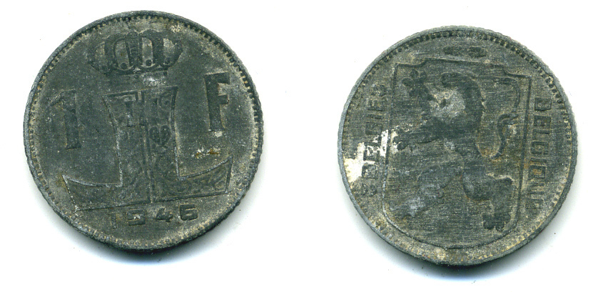 БЕЛЬГИЯ 1 ФРАНК 1946 BELGIE-BELGIQUE, ГЕРМАНСКАЯ ОККУПАЦИЯ, ВТОРАЯ МИРОВАЯ ВОЙНА KM 128 цинк 86-1631