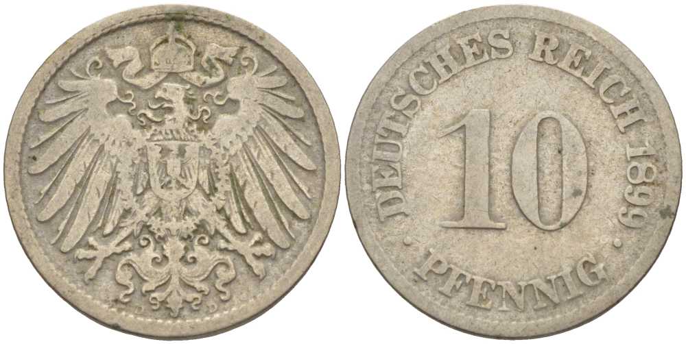 ГЕРМАНИЯ 10 ПФЕННИГОВ 1899 D KM 12, J. 13 медно-никель 4401-1053