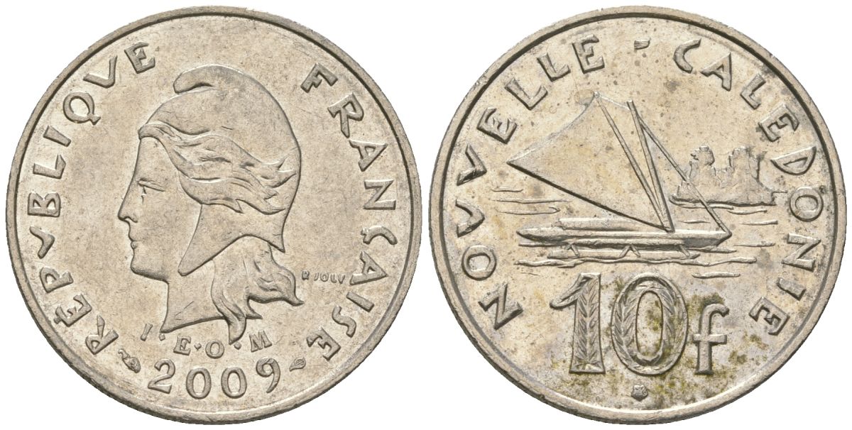 Французская Новая Каледония 10 франков 2009 рыбачья парусная лодка, (IEOM) KM 11a, Schoen 13a, Lec 99k медно-никель 61-652