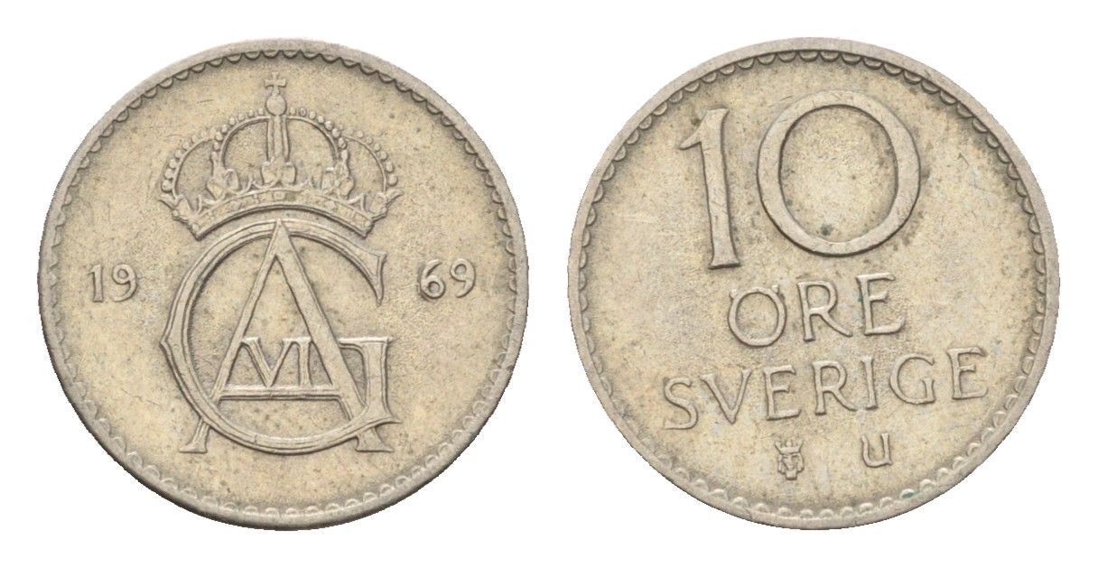 Швеция 10 эре 1969 U, Густав VI Адольф (1950-1973) KM 835 медно-никель 4685-1132