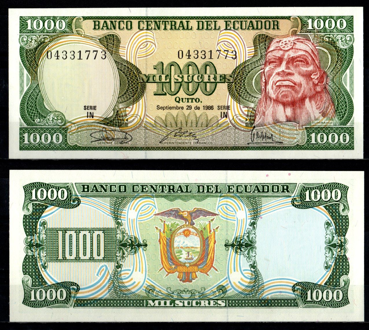 Эквадор 1000 сукре 1986 Pick 125 a 1986 (6) бумага UNC (пресс) 7191-60-2-2