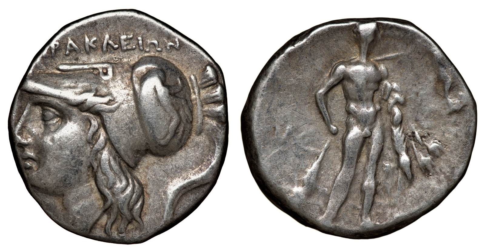 Лукания, Гераклея номос (статер) 276 - 250 гг. до н.э. HPAKΛEIΩN, голова Афины в коринфском шлеме / Геракл с палицей и львиной шкурой, справа Ника, 6,23 гр HN Italy 1429, SNG ANS 95 серебро    00-807-21