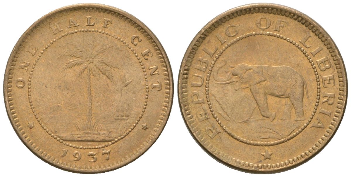 Либерия 1/2 цента 1937 KM 10 латунь aUNC 4588-959