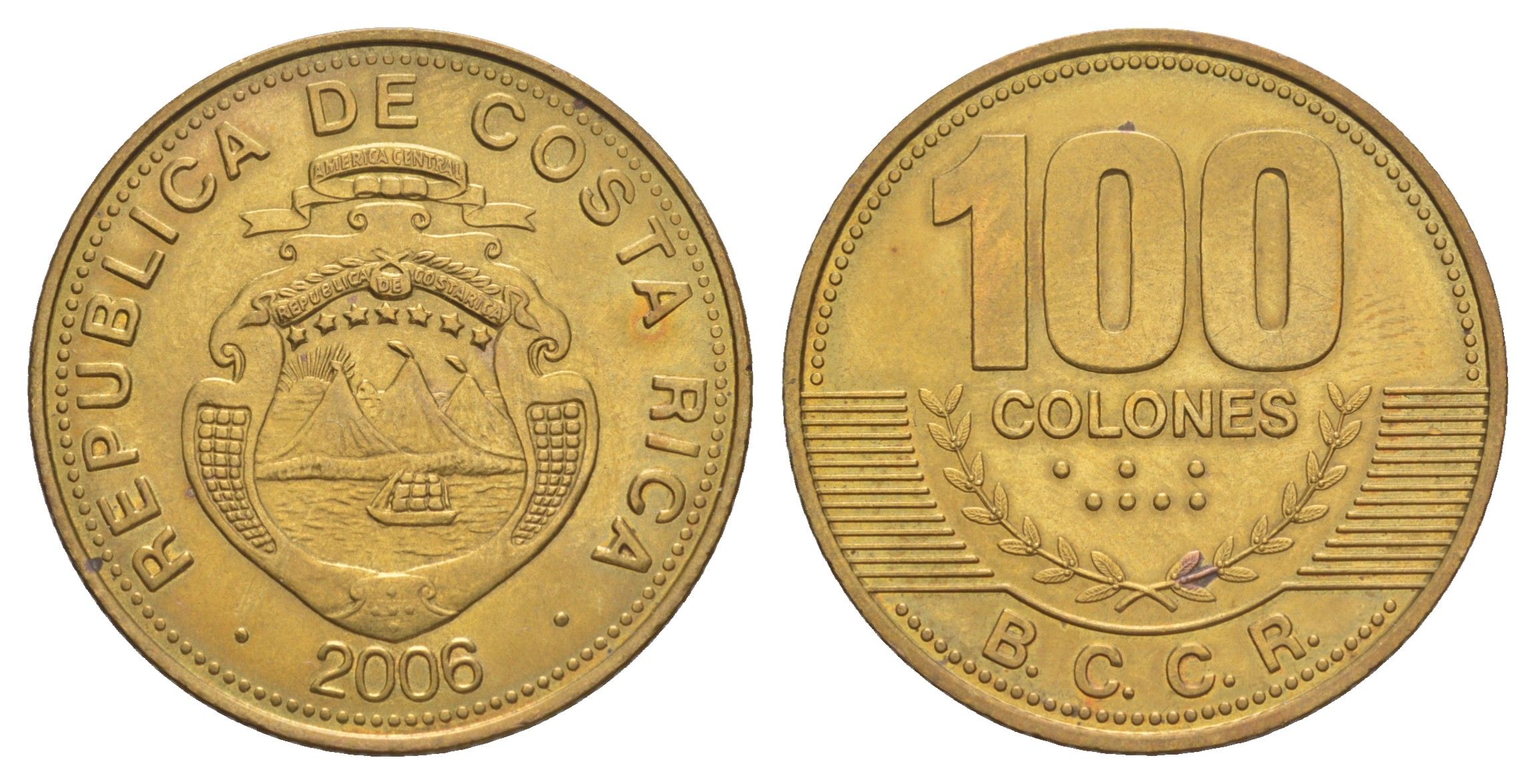 Коста-Рика 100 колонов 2006 KM 240a сталь плакированная латунью UNC 4642-952