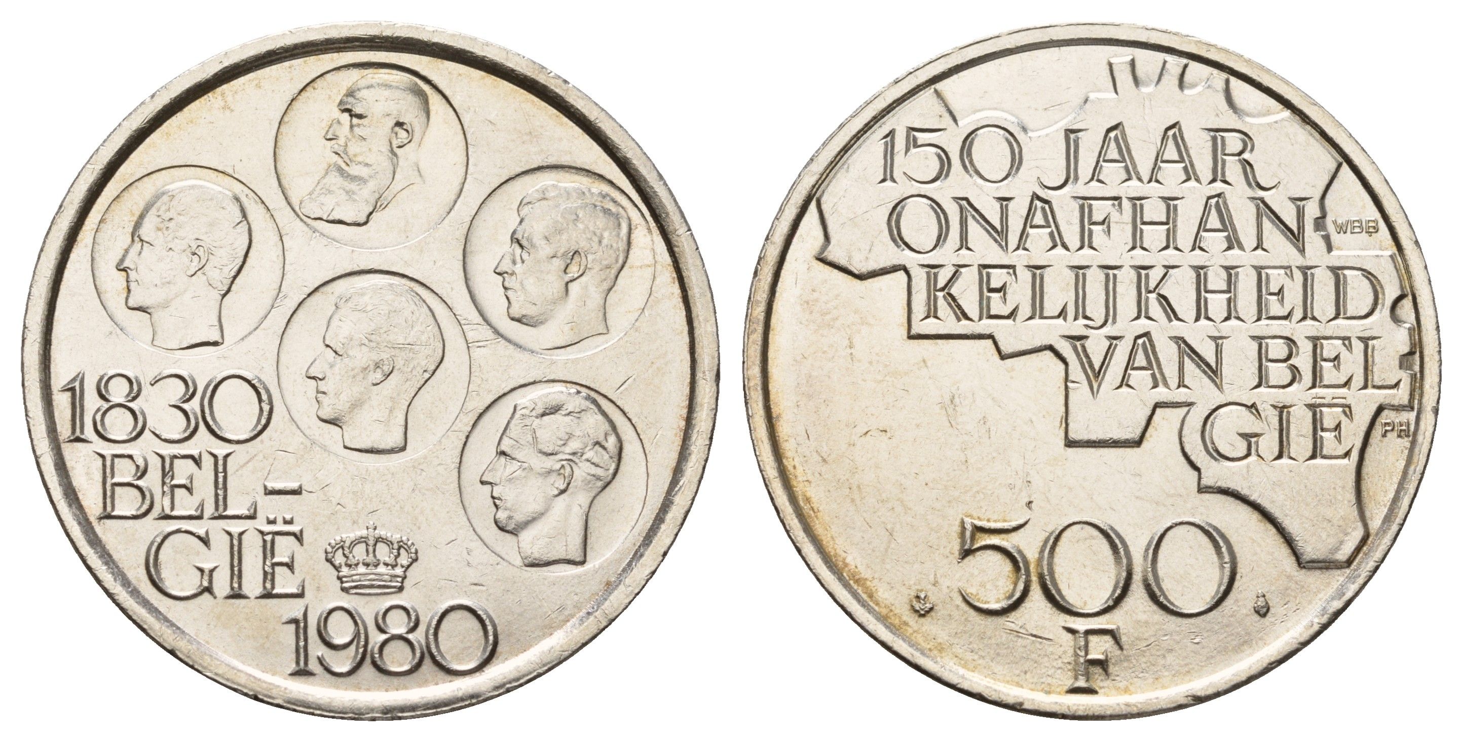 Бельгия 500 франков 1980 150 лет независимости, Belgie KM 162a серебро UNC 1519-1515