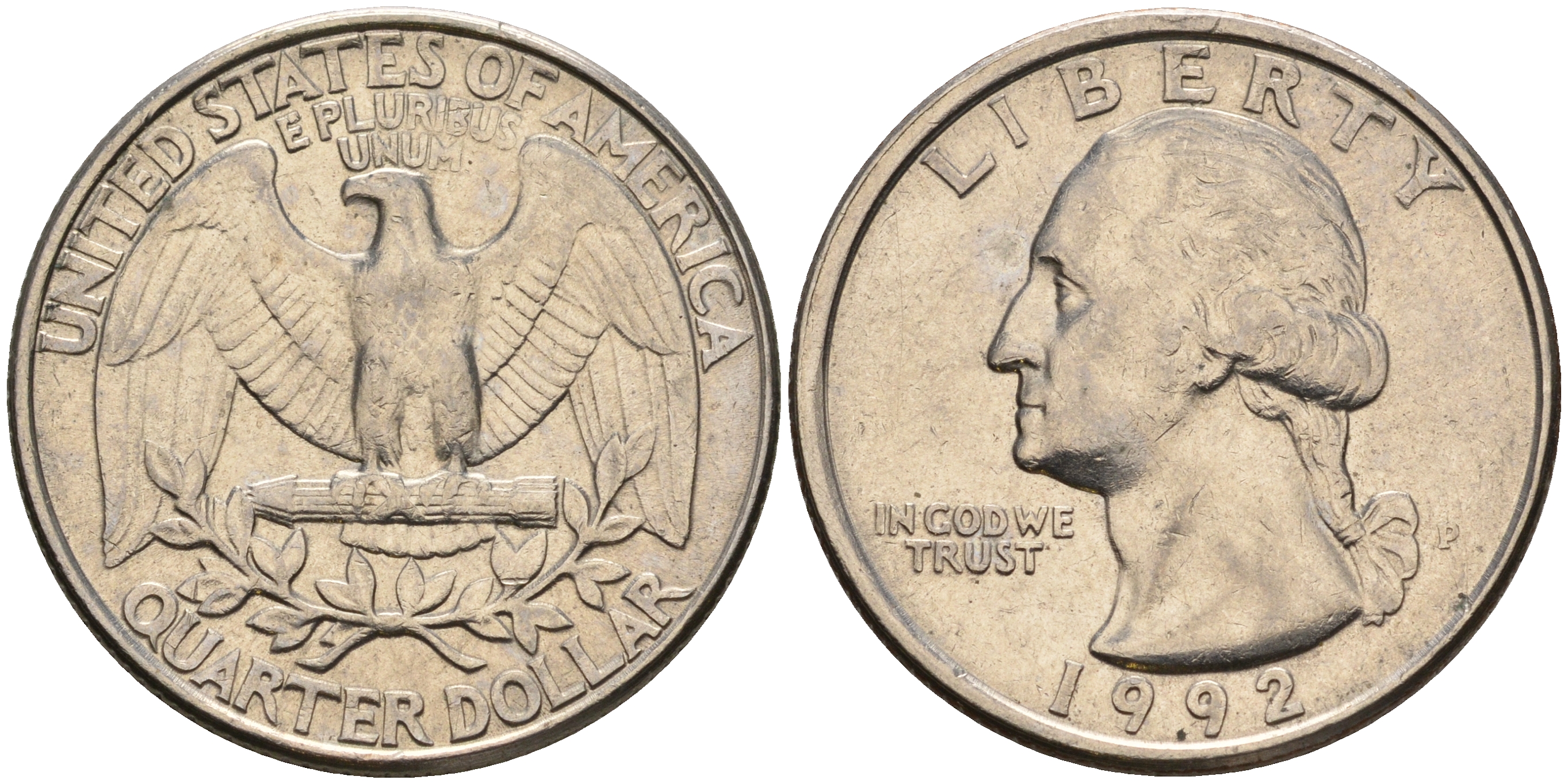 США 25 центов (квотер) 1992 P, Вашингтон KM А164а медь плакированная медно-никелем    4603-951