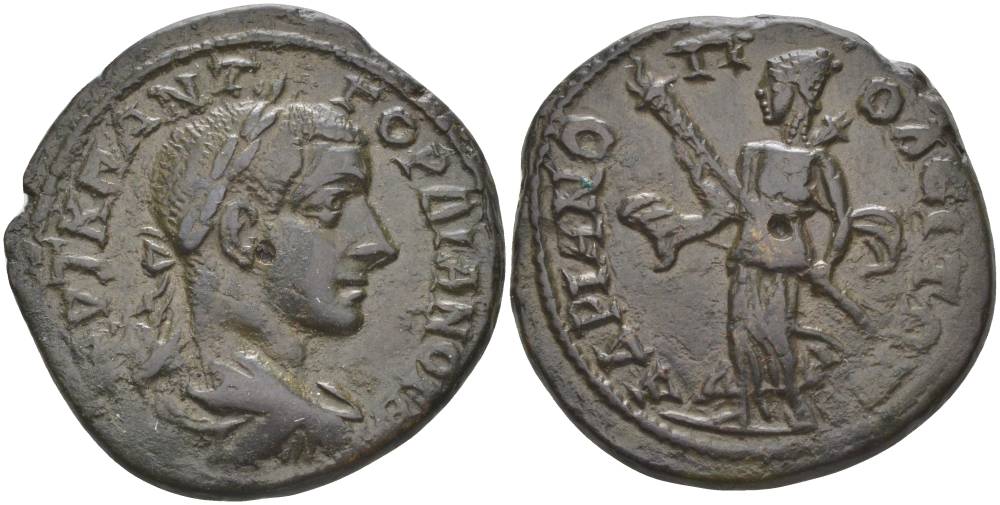 Римская Империя, Провинция Фракия, Адрианополь АЕ 238 - 244 Гордиан III, бюст императора / Артемида, 11,84 гр Varbanov медь 1073-22-12