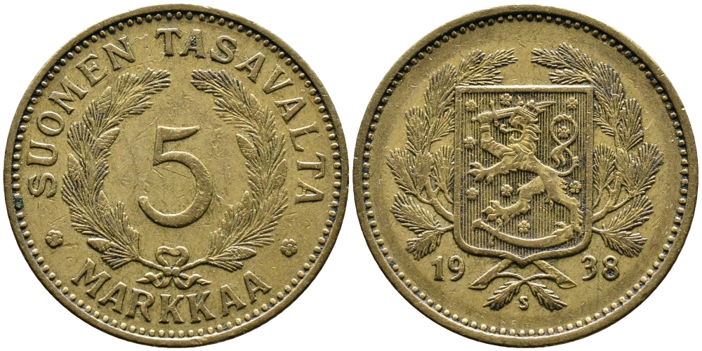 ФИНЛЯНДИЯ 5 МАРОК 1938 S KM 31 алюминиевая бронза 4388-1026