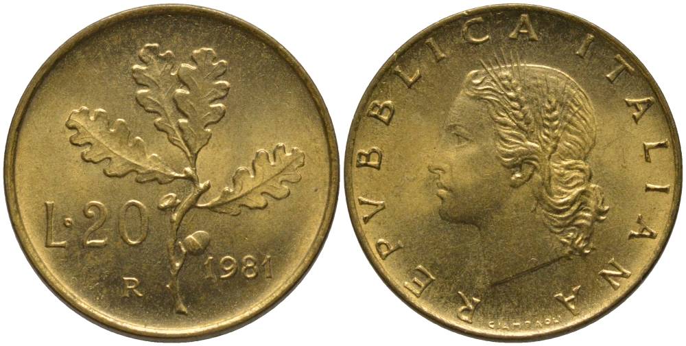 Италия 20 лир 1981 R, дубовые листья KM 97.2 алюминиевая бронза 181-427
