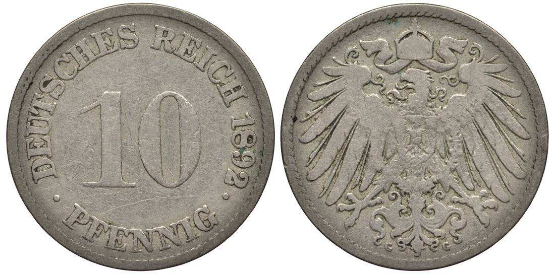 ГЕРМАНИЯ 10 ПФЕННИГОВ 1892 G KM 12, Jager 13, Weege 8 медно-никель 4381-533