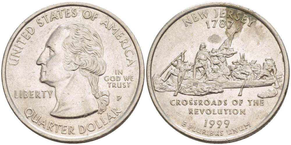 США 25 центов = квотер 1999 Р, серия штаты США, Нью-Джерси KM 295 медь плакированная медно-никелем 4544-252