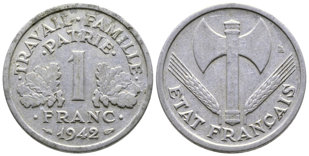 ФРАНЦИЯ 1 ФРАНК 1942 LB, ТИП LOURDЕ, ПРАВИТЕЛЬСТВО ВИШИ KM 902.1, LE FRANC 222.2 алюминий 80-556