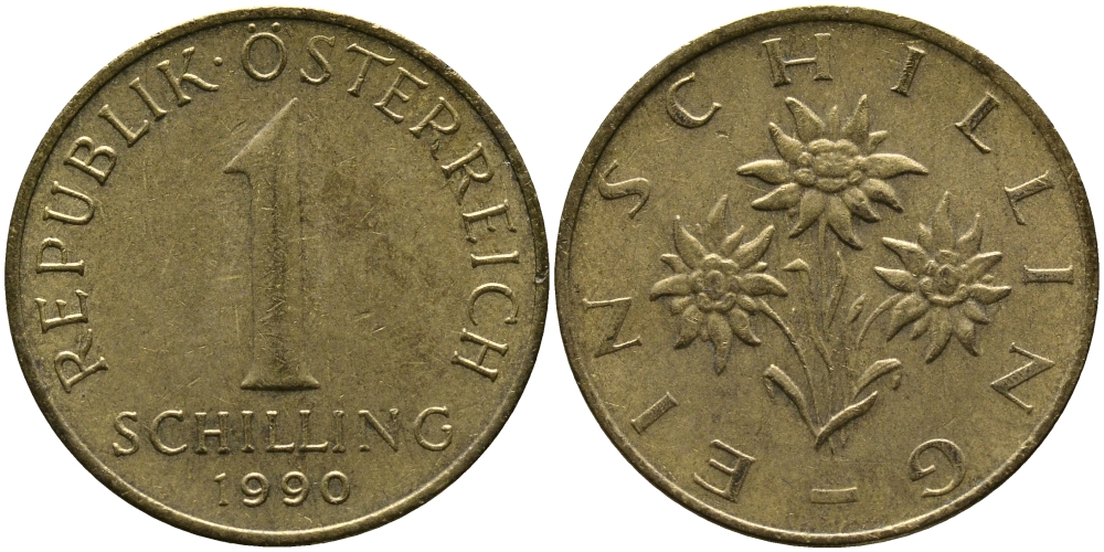 АВСТРИЯ 1 ШИЛЛИНГ 1990 KM 2886 алюминиевая бронза 33-436