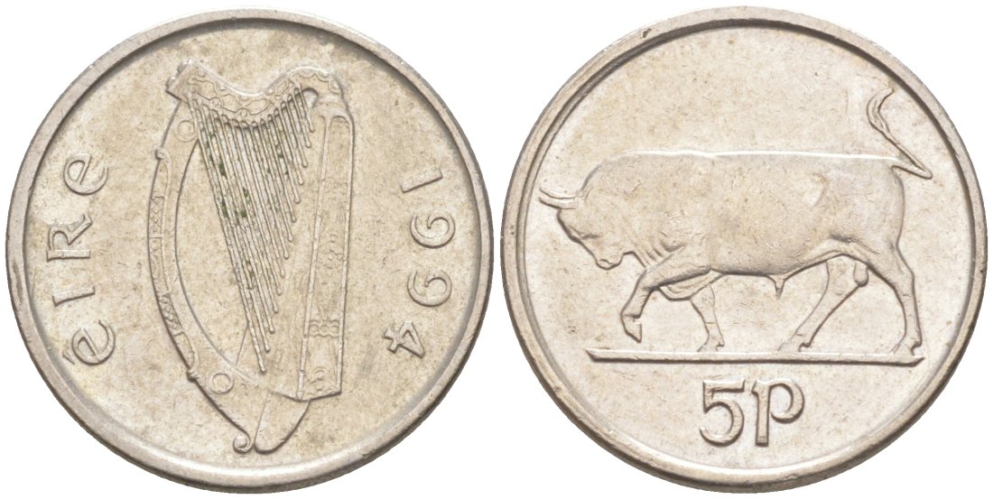 Ирландия 5 пенсов 1994 бык KM 28 медно-никель 188-123
