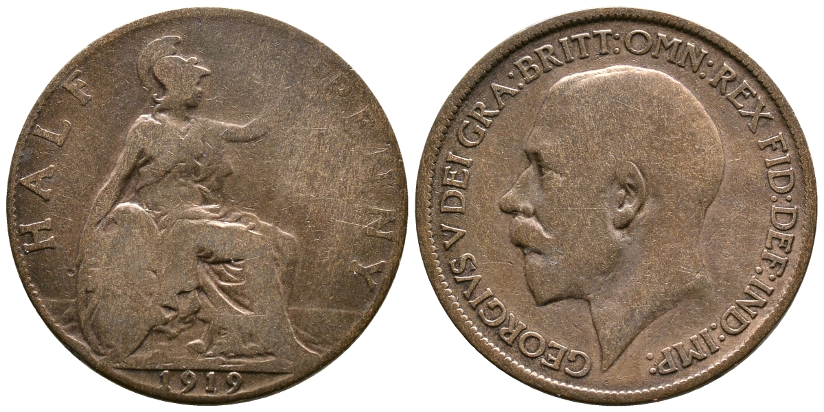 Великобритания 1/2 пенни 1919 Георг V (1910-1936) KM 809, Spink 4056 бронза 08-723
