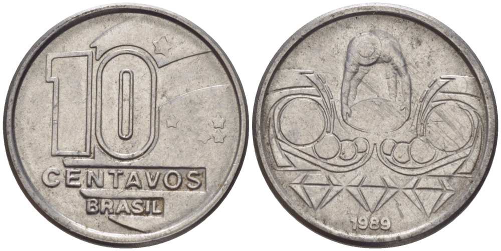 Бразилия 10 сентаво 1989 золотодобыча KM 613 нержавеющая сталь 112-619