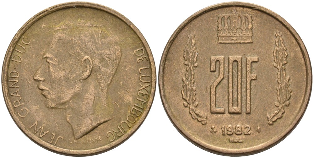 Люксембург 20 франков 1982 герцог Жан (1964-1999) KM 58 алюминиевая бронза 4561-225