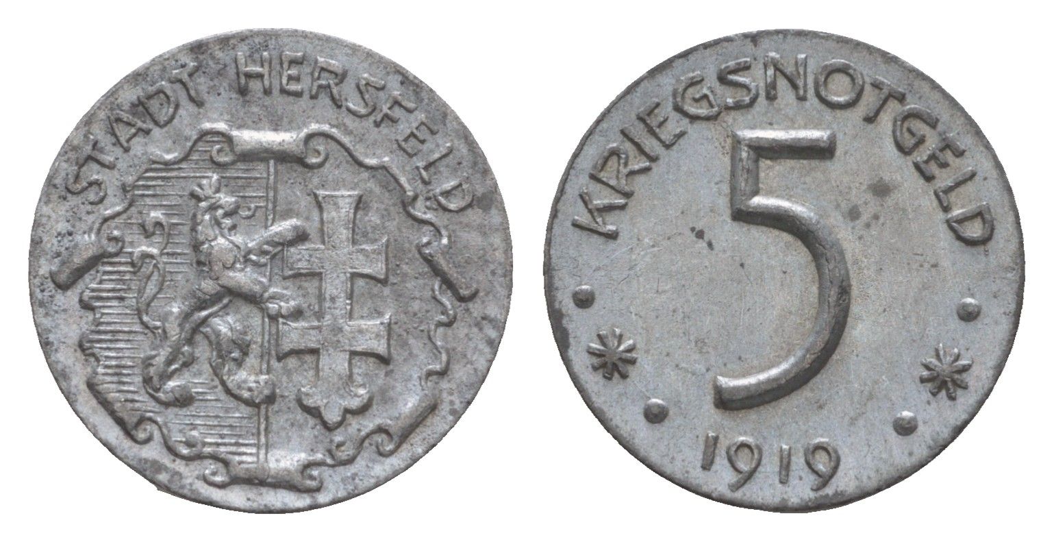 Херсфельд 5 пфеннигов 1919 Funck 211.10, Men18 14380.11 цинк 5010-614