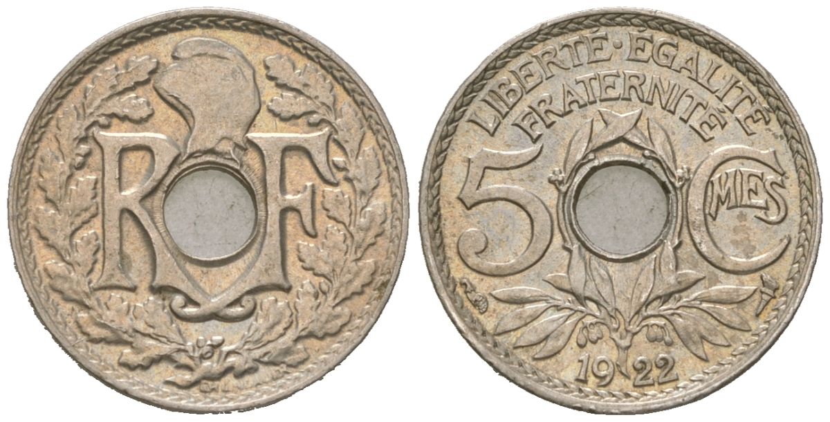 Франция 5 сантимов 1922 KM 875 медно-никель aUNC 4615-645