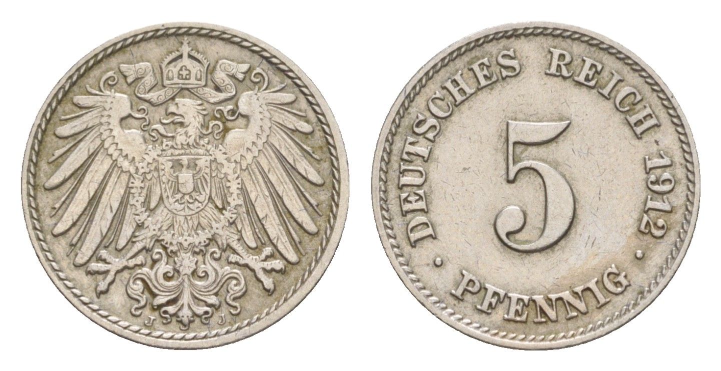 Германия 5 пфеннигов 1912 J, Вильгельм II (1888-1918) KM 11, J. 12 медно-никель 4640-144