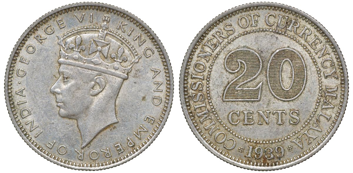Британская Малайя 20 центов 1939 Георг VI (1937-1952) KM 5 серебро 53-353