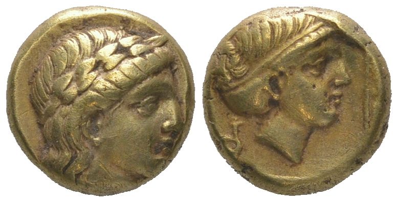 о-в Лесбос, Митилена гекта (1/6 статера) 377-326 гг. до н.э. голова Аполлона/голова Артемиды, 2,54 гр, ex. Kuenker 2011 год Bodenstedt 100A электр 00-000-00