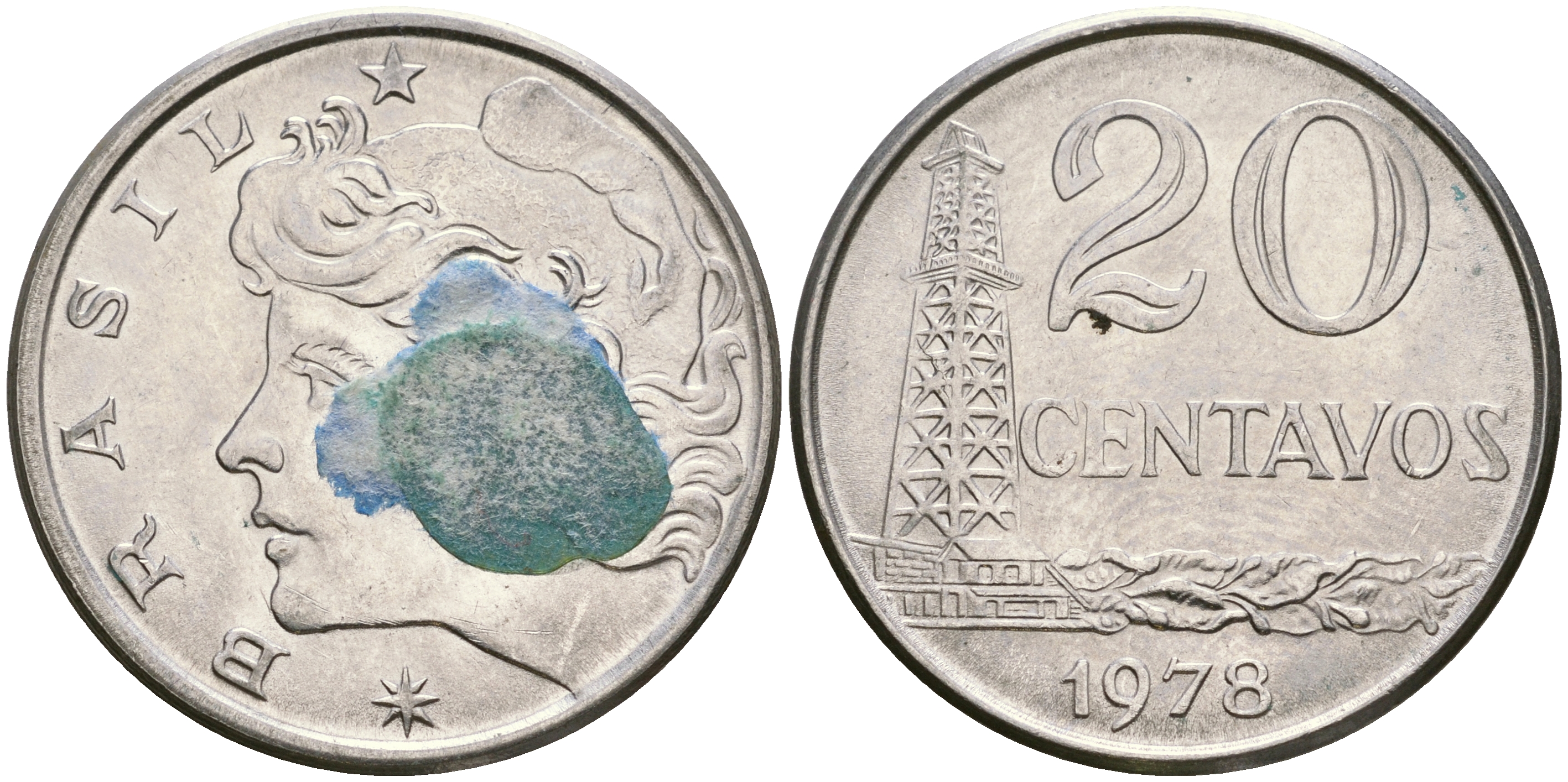 Бразилия 20 сентаво 1978 голова Свободы влево KM 579.1a, Schon 84b нержавеющая сталь 87-451