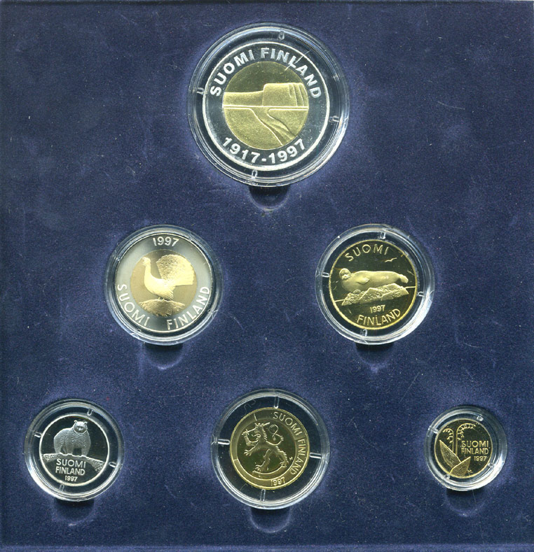 Финляндия набор из 6 монет 1997 официальный набор, с сертификатом, включая 25 марок PROOF 5-6-2-8