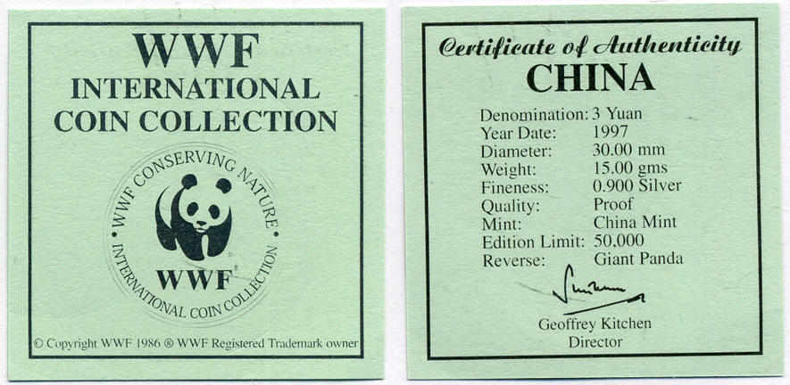 Китай 3 юаня 1997 панда, с сертификатом KM 1035 серебро PROOF 1-5-3-17