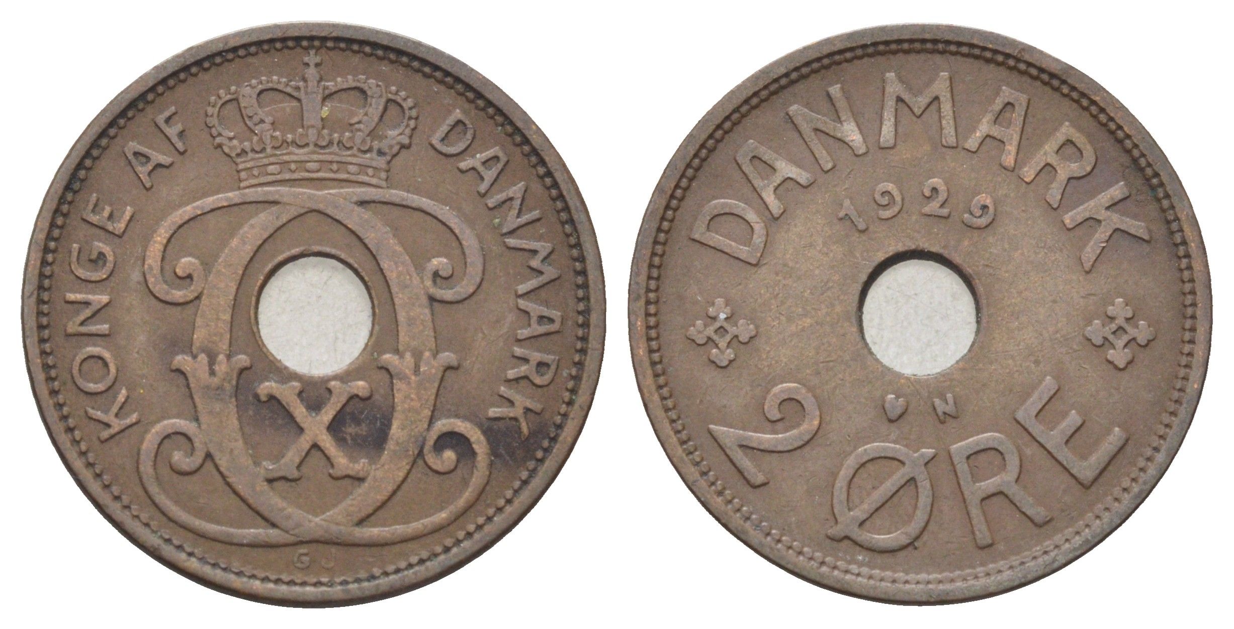 Дания 2 эре 1929 N, Кристиан X (1912-1947) KM 827 бронза 4701-735